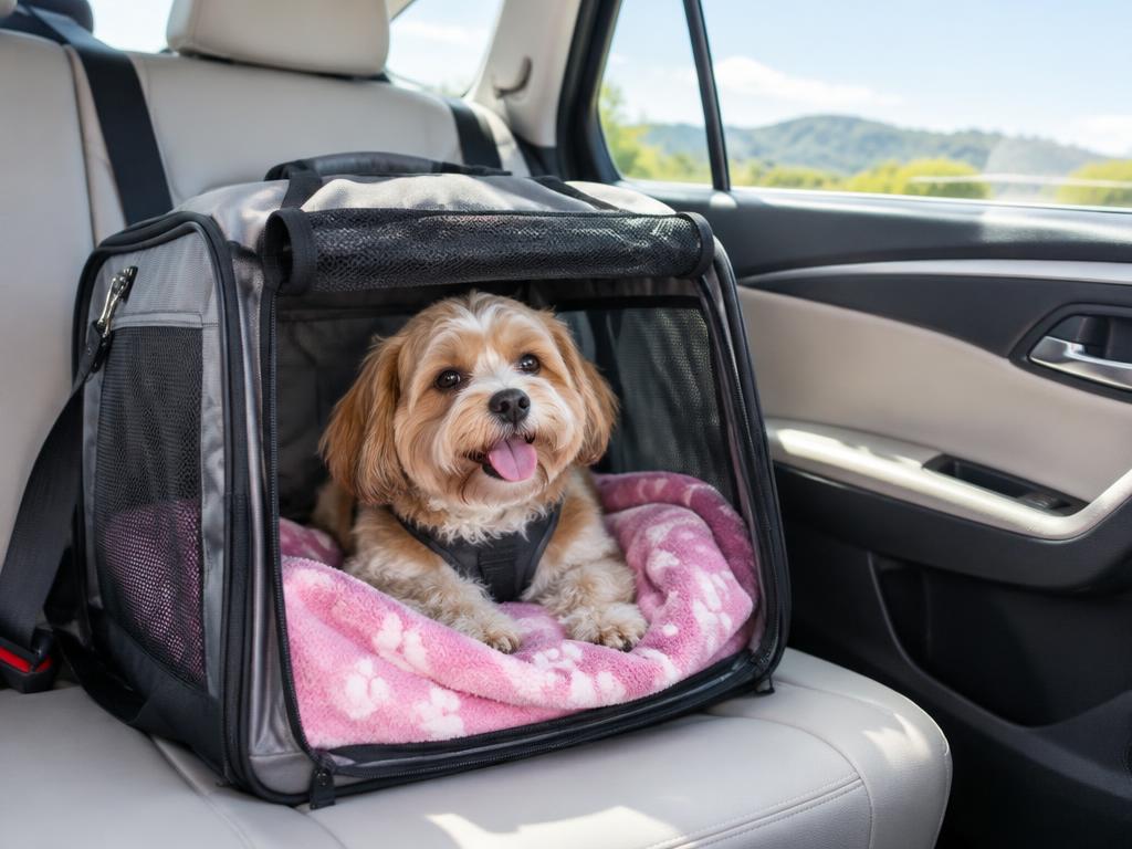 Small dog resting safely in a travel carrier during a move